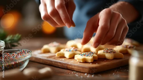 Close up hands placing colorful sprinkles on tree shaped cookie Christmas baking decoration holiday sweets preparation festive candy decorating wooden board visible baking sup