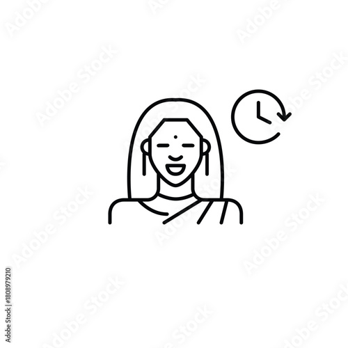 Indian woman wearing traditional clothes and clock. Daily routine, time tracking and work schedules. Pixel perfect, editable stroke vector icon