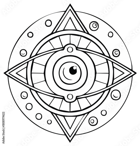 Mystical All Seeing Eye symbol with geometric patterns and circular elements black and white illustration