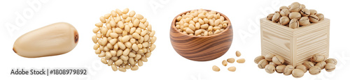 Isolated view of shelled and unshelled pine nuts arranged in different wooden containers on transparent background
