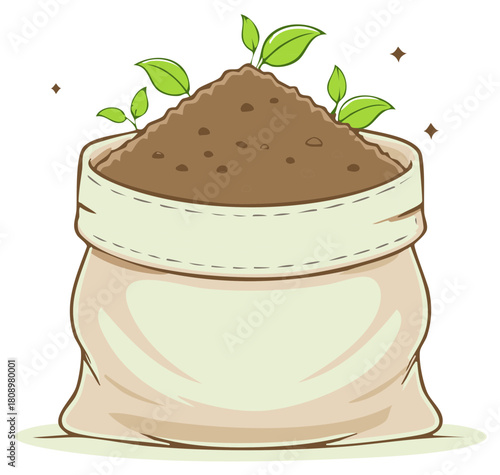 Bag of soil with growing green plants and sparkles