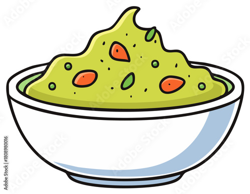 Fresh Guacamole Served in a White Bowl with Green and Red Vegetable Bits Cartoon Illustration