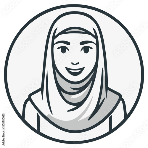 Stylized portrait of a smiling woman wearing a hijab in a circular frame