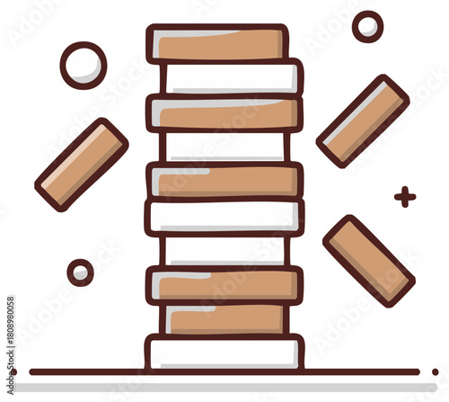 Tower of blocks game crashing icon stack of wooden bricks falling down illustration