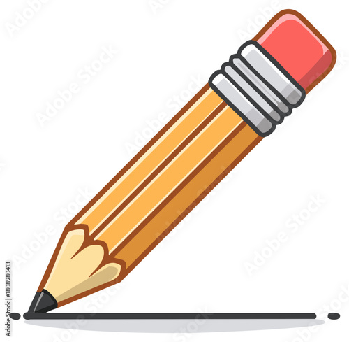 Illustration of yellow graphite pencil drawing dark line with pink eraser and gray band, education and office supply concept