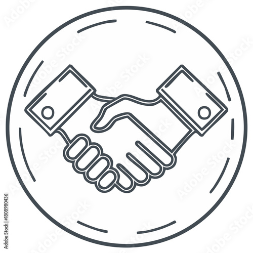Two stylized hands shaking hands in agreement inside a circular frame