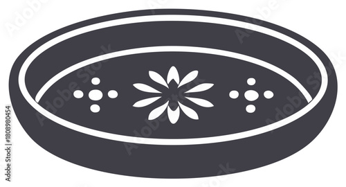 Dark Gray Oval Bowl with White Flower Design Simple Graphic Illustration