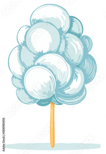Cartoon illustration of a cotton candy tree with a blue and white color palette