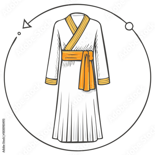 Elegant Asian robe illustration, white dress with orange details, circular frame design