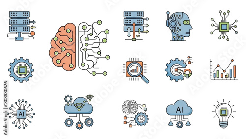 Conceptual illustrations of artificial intelligence and machine learning technology for data processing and innovation solutions