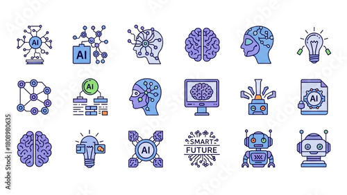 Artificial Intelligence Icons Set Technology, Brain, Future, Innovation, and Digital
