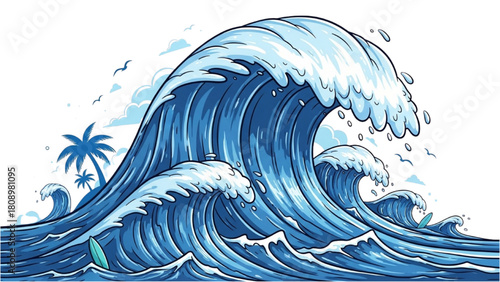 Majestic ocean wave illustration capturing the raw power and beauty of the sea with tropical elements