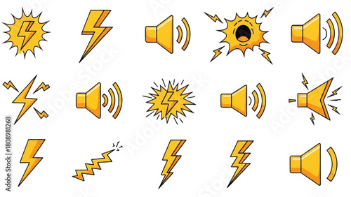 Set of yellow audio, sound, and thunderbolt icons for various design elements
