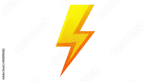 Vibrant yellow lightning bolt with orange accents and a retro halftone pattern. Graphic symbol of power and energy