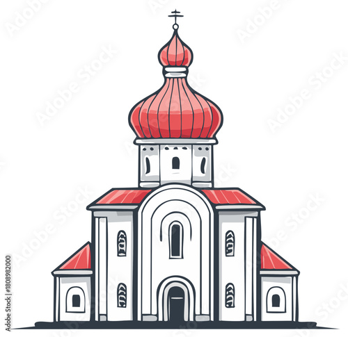 Hand drawn illustration of a traditional Orthodox church with a red onion dome and cross
