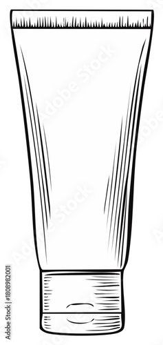 Hand drawn illustration of a cosmetic tube with a flip top cap featuring etched texture lines