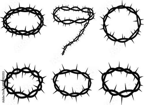 Set of multiple black silhouette crowns of thorns, Christian religious symbol of suffering and sacrifice, isolated vector illustration