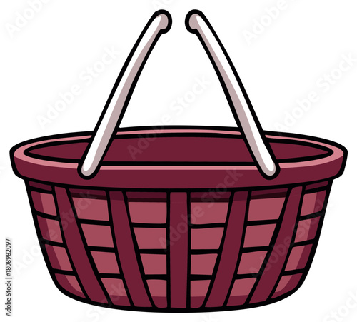 Empty Burgundy Woven Basket with White Handles Isolated on White