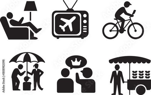 Six black minimalist icons showing people engaged in daily activities and services collection white