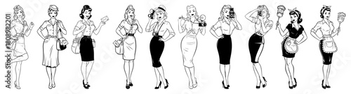 Set of Retro Woman Characters in Various Uniforms Including Stewardess Photographer and Maid in Pop Art Style