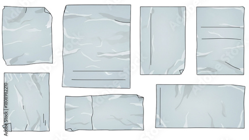 Realistic crumpled clear tape and plastic wrapper overlay elements isolated set