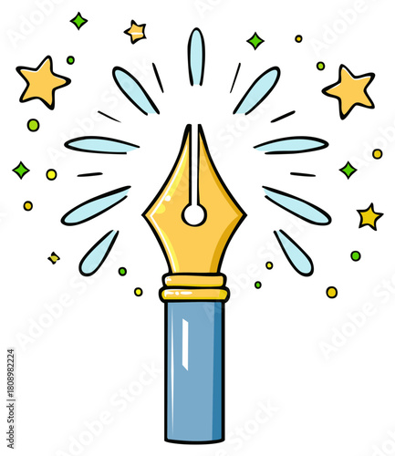 Whimsical fountain pen illustration with star accents - creative writing and inspiration concept