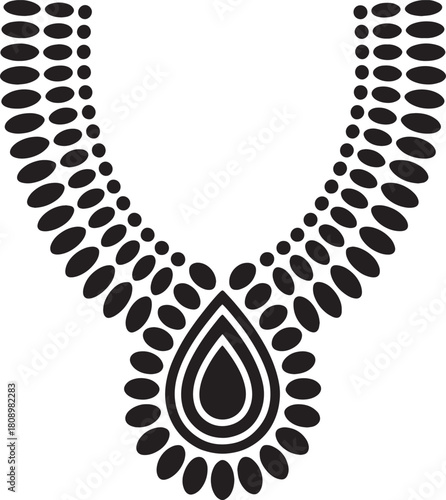 Black abstract oval and teardrop shapes forming a decorative neckline pattern border circle white