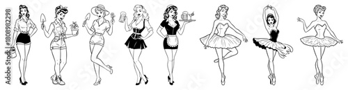 Retro Pin Up Women Vector Collection With Gardener Waitress And Ballerina Characters In Line Art Style