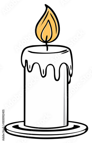 Stylized illustration of a single lit white candle with dripping wax on a black saucer