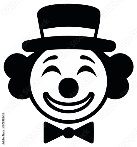 Cheerful clown face with a big smile wearing a classic top hat and elegant bow tie simple icon graphic