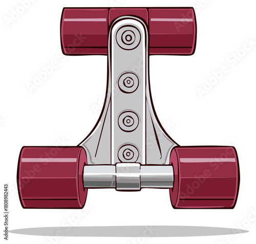 Close-up of a skateboard truck with maroon wheels and metal components.