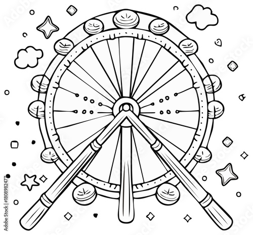 Playful black and white line art of a magnificent observation wheel surrounded by whimsical elements