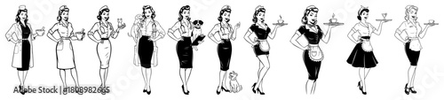 Retro Businesswoman Pinup Characters Talking on Vintage Telephone Vector Illustration