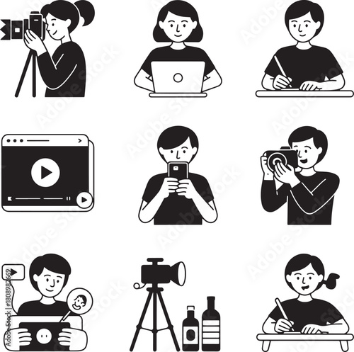 Black and white illustrations of people engaged in photography and digital activities person