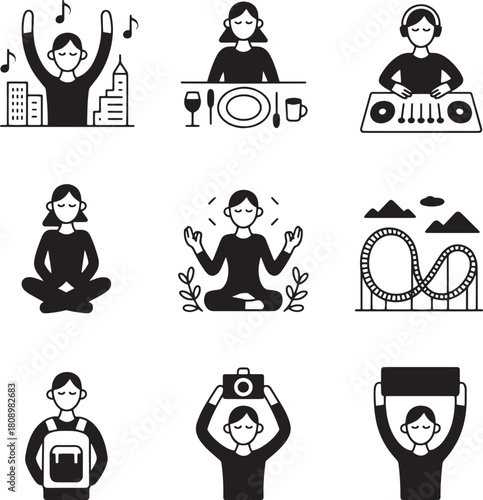 Black and white minimalist icons of people dancing dining D Jing meditating traveling and holding signs