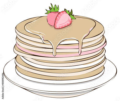 Stacked Pancakes with Drizzled Syrup and Strawberries on a Plate for a Delicious Breakfast Treat