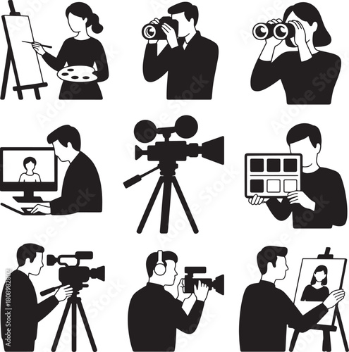 Black and white silhouette icons of people creating media and art vector