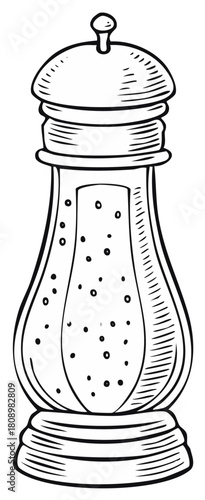 Vintage style hand drawn pepper mill illustration. Black and white line art drawing of a kitchen seasoning grinder.