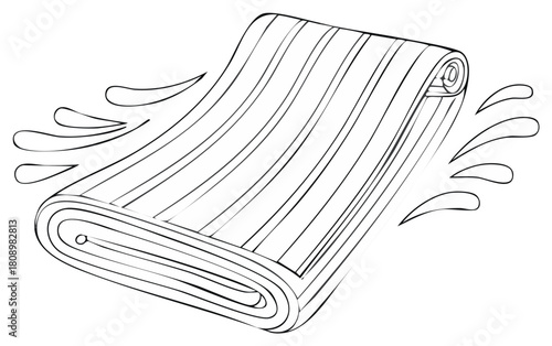 Rolled striped mat with dynamic water splashes outline illustration