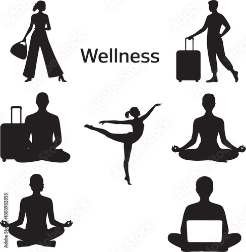 Black and white silhouettes of people in yoga travel and work poses with the word Wellness person