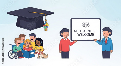 Inclusive education and all learners welcome concept with graduation cap and diverse students group reading