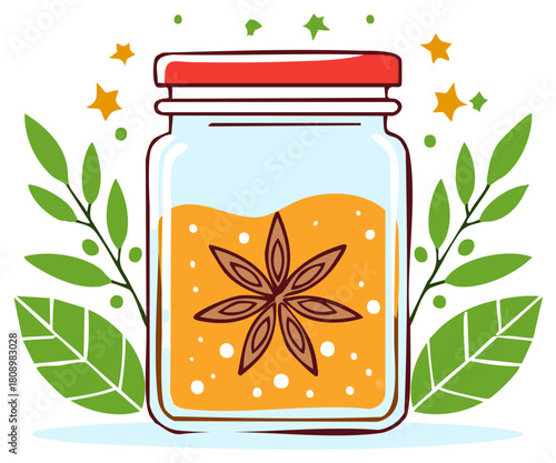 Whimsical Glass Jar with Star Anise Spice, Golden Herbal Liquid, and Vibrant Green Foliage Illustration
