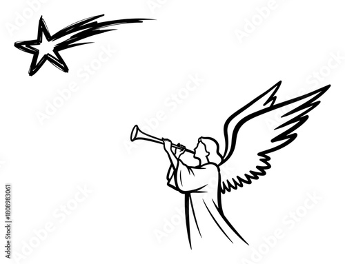 Silhouette of a Christmas Angel Blowing a Trumpet Under a Shooting Star of Bethlehem in Sketch Style