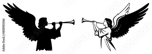 Christmas Angel Playing Trumpet Silhouette and Outline Vector Set