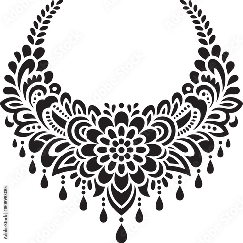 Black intricate floral ornamental necklace design with dangling teardrops white jewelry