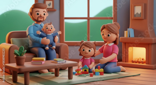Happy family time indoor illustration father mother baby and daughter playing with blocks home sweet home