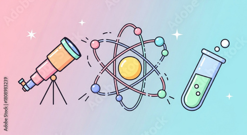 Science education illustration featuring telescope atom model and test tube for scientific learning and research