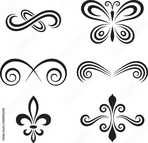 Black ornamental swirls butterfly fleur de lis and abstract shapes on white background vector