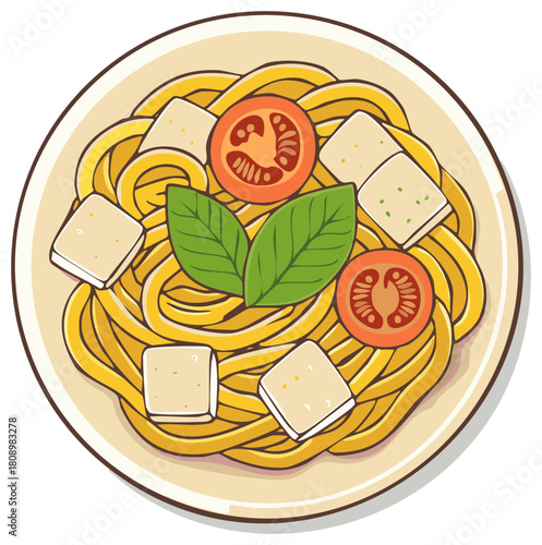 Illustrated plate of pasta with tofu, cherry tomatoes and basil leaves