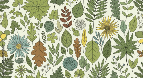 Seamless botanical pattern background with leaves flowers and plants for textile and wallpaper design art